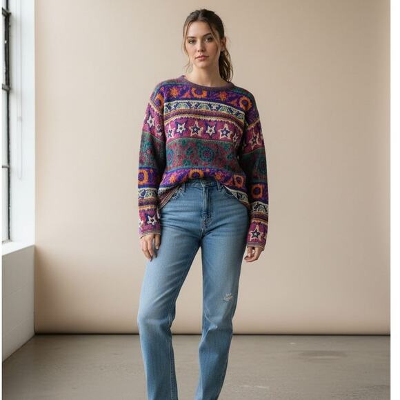 Vintage Sweaters - Vintage Y2K Multicolor Funky Knit Crewneck Pullover Sweater